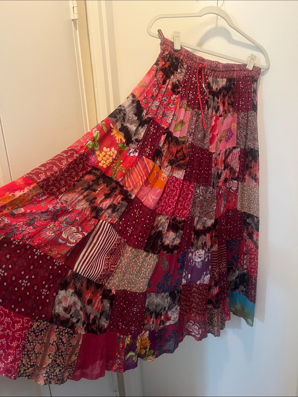 Bohemian Patchwork Maxi Skirt in Pink